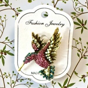Colorful Hummingbird Brooch with Purple & Green Crystals NWT